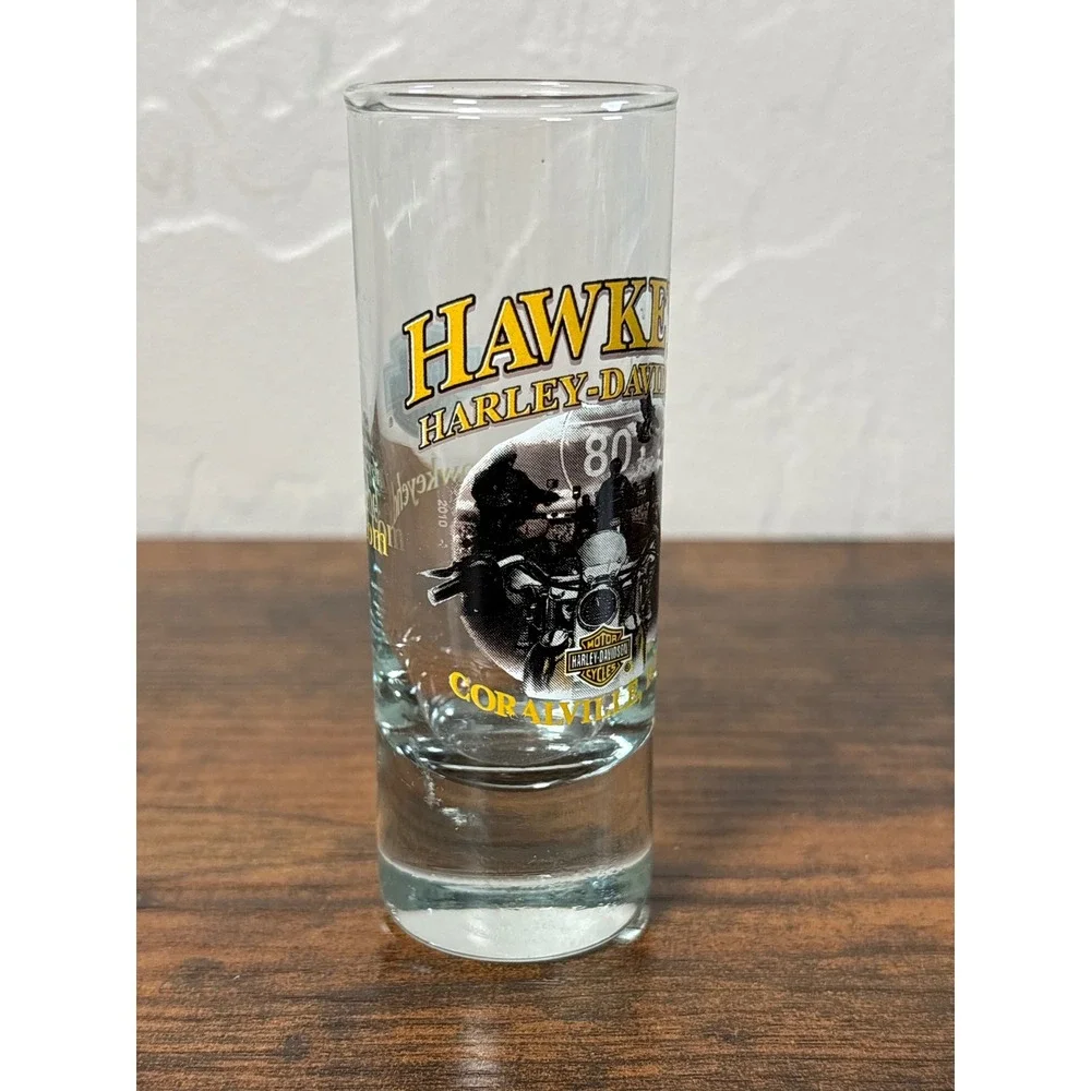Harley-Davidson Hawkeye Coralville Iowa‎ Tall Shot Glass Shooter Bar Shield Logo